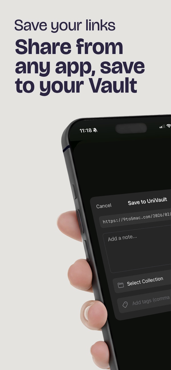 Share sheet saving a link from another app to UniVault