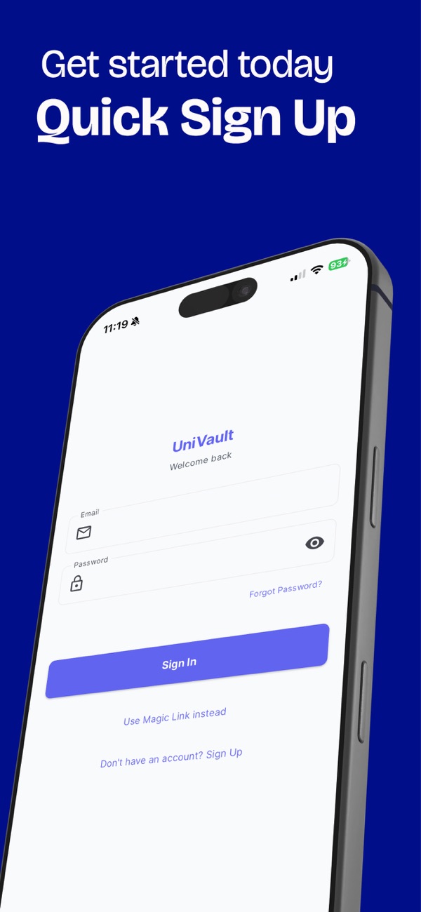 UniVault sign-in screen with magic link option
